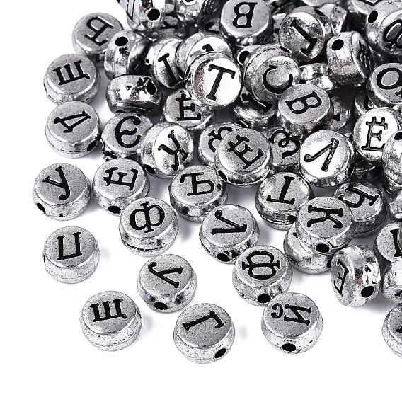 Plating Acrylic Beads, Craft Beads, Horizontal Hole, Flat Round with Russian Alphabet Pattern