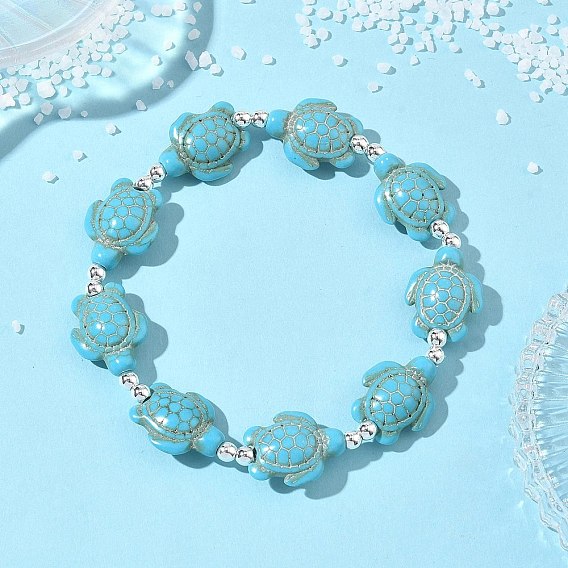 Браслеты из синтетической бирюзы и немагнитных гематитовых бусин, эластичные, для женщин и мужчин., черепаха, бирюзовые