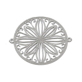 201 Stainless Steel Connector Charms, Flat Round with Flower Links, Etched Metal Embellishments