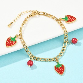304 браслеты с подвесками из нержавеющей стали и эмалью для женщин, клубника, с акриловым шарик, ионное покрытие (ip)