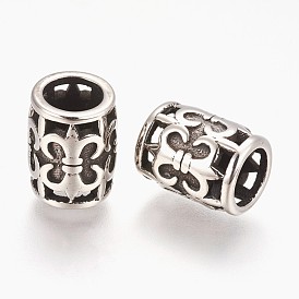 304 Stainless Steel Beads, Large Hole Beads, Column with Fleur De Lis