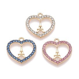 Rack Plating Alloy Pendants, with Rhinestone, Heart with Eiffel Tower