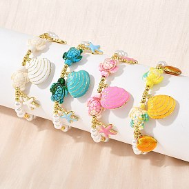 Armbänder mit Seestern- und Muschelanhängern aus Messing und Emaille für Damen, Runde Armbänder aus Imitationsperlen, Gestell, langlebig überzogen, cadmiumfrei und bleifrei, echt 18 k vergoldet