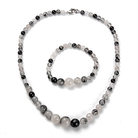 Natural Gemstone Graduated Beaded Necklaces & Stretch Bracelets Jewelry Sets, with Stainless Steel Lobster Claw Clasps