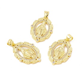 Rack Plating Brass Micro Pave Clear Cubic Zirconia Pendants, Long-Lasting Plated, Cadmium Free & Lead Free, Oval with Virgin Mary