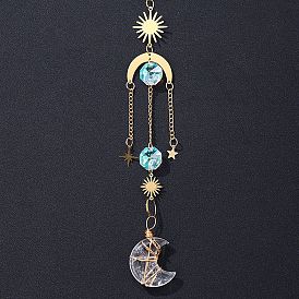 Natural Gemstone Moon Suncatcher, Glass Flat Round Pendant Decoration