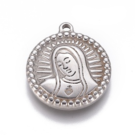 304 Stainless Steel Pendants, Flat Round with Virgin Mary