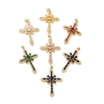 Brass Pendants, with Glass & Cubic Zirconia, Lead Free & Cadmium Free, Cross Charms, Real 18K Gold Plated