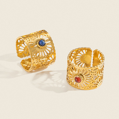 304 Stainless Steel with Natural Gemstone Cuff Open Rings for Women, Flower, Real 18K Gold Plated