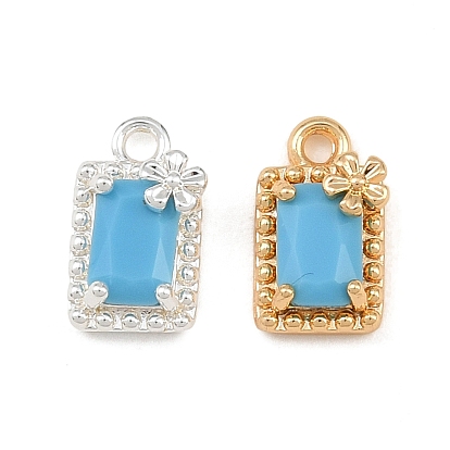 Brass Pave Deep Sky Blue Cubic Zirconia Charms, Rectangle with Flower Charms