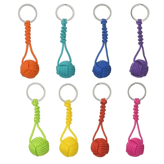 16Pcs 8 Colors Polyester & Spandex Cord Braided Ball Keychain for Jewelry Making DIY Crafts, with 304 Stainless Steel Split Key Rings