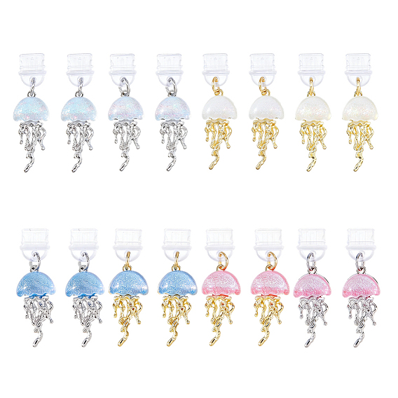 16Pcs 8 Colors PVC Mobile Dustproof Plugs, with Alloy & Resin, Jellyfish, Golden