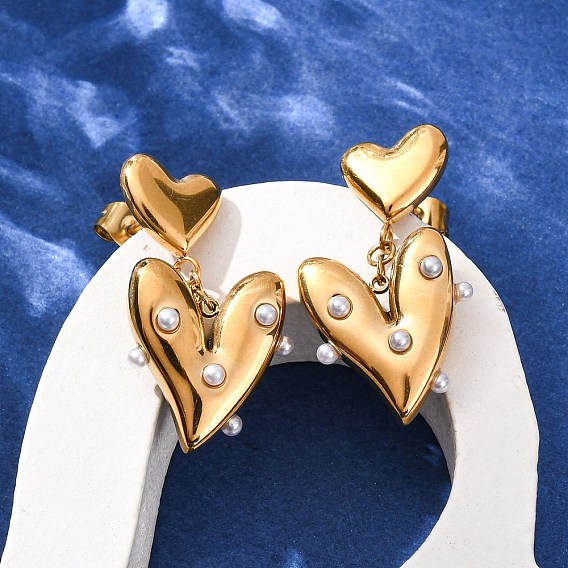 304 серьги-гвоздики в форме сердца из нержавеющей стали, с пластиковой имитационной жемчужиной