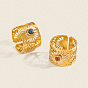 304 Stainless Steel with Natural Gemstone Cuff Open Rings for Women, Flower, Real 18K Gold Plated
