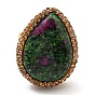 Natural Ruby in Zoisite Teardrop Adjustable Ring with Rhinestone, Brass Ring for Women
