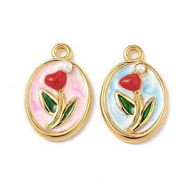 304 нержавеющей стальной эмали подвески, с пластмассовой жемчужиной abs, овал с цветочными подвесками, ионное покрытие (ip)