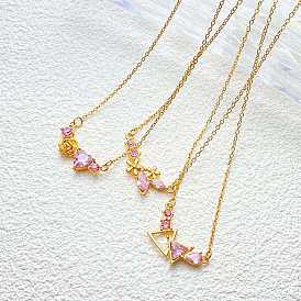 304 Stainless Steel Rose Rhinestone Pendant Necklaces for Women, Golden
