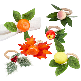 CHGCRAFT 6Pcs 6 Style Wooden Napkin Rings, Wrapped with Jute Cord, with Foam Artificial Fruit, Vegetable & Cloth Leaf, Mixed Shapes