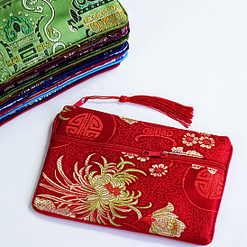 Chinese Style Flower Pattern Satin Jewelry Packing Pouches, Gift Bags with Zipper and Tassel Charm, Rectangle