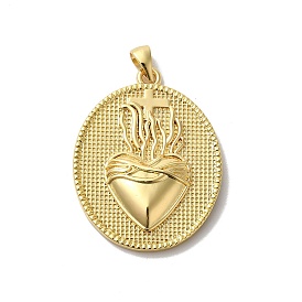 Rack Plating Brass Pendants, Cadmium Free & Lead Free, Long-Lasting Plated, Real 18K Gold Plated, Oval with Heart