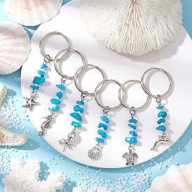 Alloy Ocean Theme Pendant Keychains, with Synthetic Turquoise Chip Bead & Glass Seed Beads, Antique Silver & Platinum