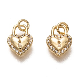 Brass Micro Pave Clear Cubic Zirconia Charms, Long-Lasting Plated, with Jump Rings, Heart Lock