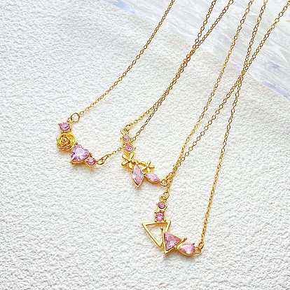 304 Stainless Steel Rose Rhinestone Pendant Necklaces for Women, Golden