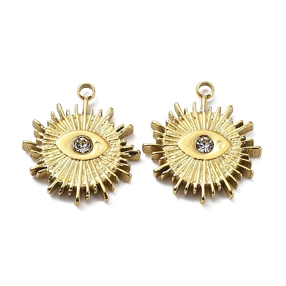 Ion Plating(IP) 304 Stainless Steel Pendants, with Crystal Rhinestone, Flat Round with Eye Charm