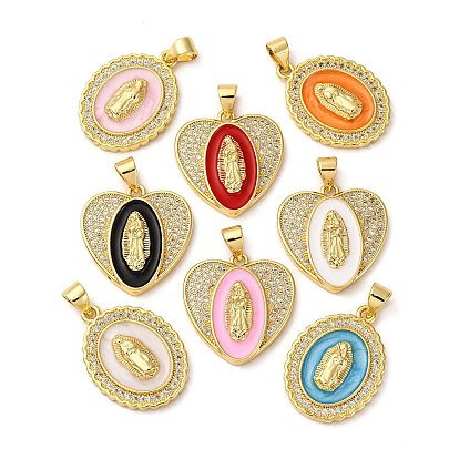Латунные микро проложить кубического циркония подвески, сердце с Девой Марией/овал с Девой Марией, с эмалью, без кадмия и без свинца, реальный 18 k позолоченный, стойки покрытие, долговечный