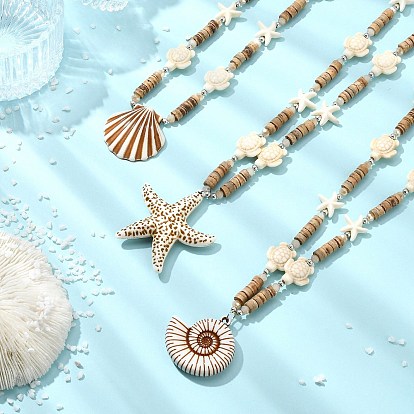 3шт. 3 стили: подвески и ожерелья из бусин из искусственного стекла с морской тематикой, окрашенные аэрозольной краской, непрозрачным акрилом и синтетическим бирюзовым наполнителем, кокосовым волокном/гальваническим покрытием.