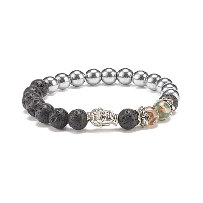 Mala Beads Bracelet, Natural Lava Rock & Tibetan 3-Eye dZi Agate & Synthetic Hematite Beaded Stretch Bracelet with Alloy Buddha Head