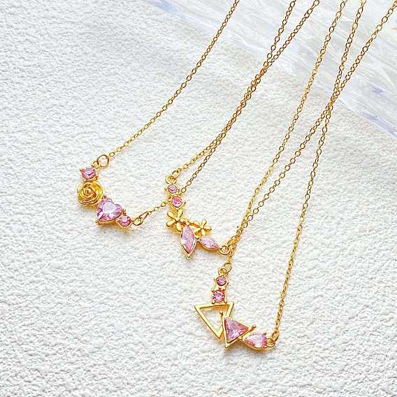 304 Stainless Steel Rose Rhinestone Pendant Necklaces for Women, Golden