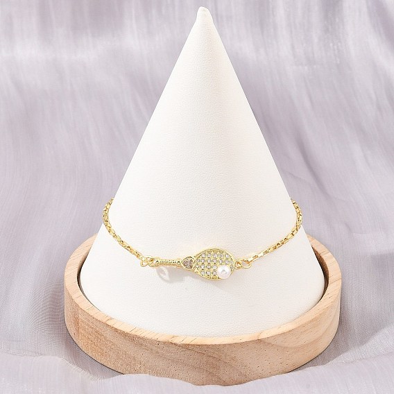Bracelets à maillons en laiton micro pavé en zircone cubique transparente pour femmes, avec abs imitation perle, raquette, crémaillère plaquage, plaqué longue durée, sans plomb et sans cadmium