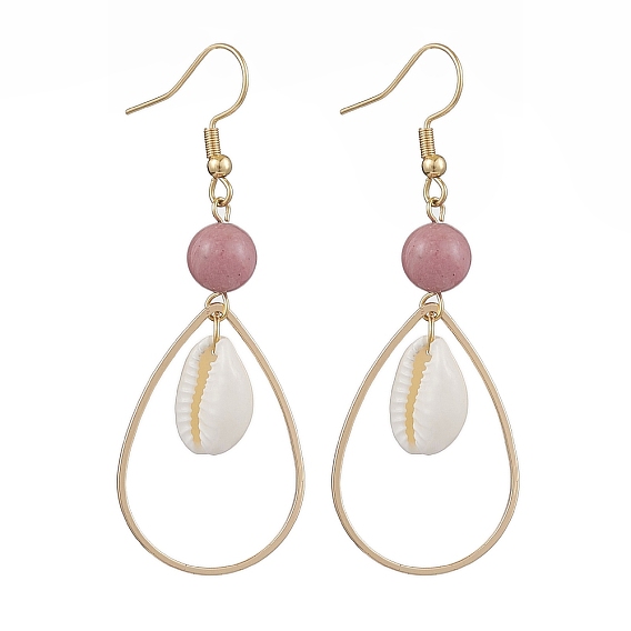 Латунь, ракушка из натуральной каури, серьга с подвеской из натурального родонита, слеза