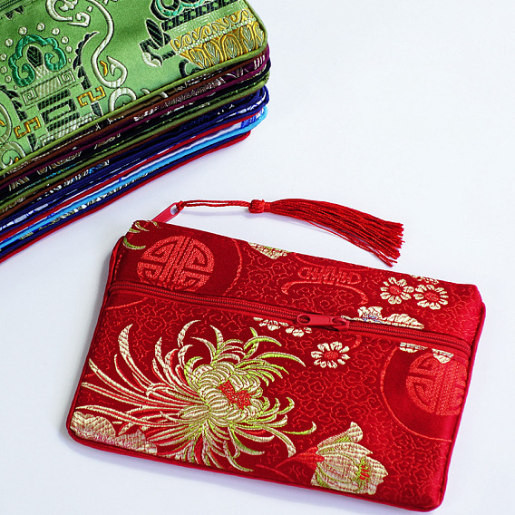 Pochettes d'emballage de bijoux en satin à motif de fleurs de style chinois, sacs cadeaux avec fermeture éclair et breloque pompon, rectangle