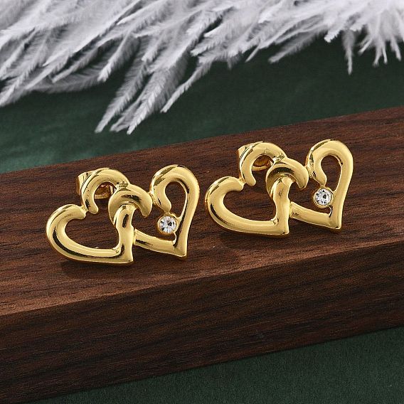 304 серьги-гвоздики из нержавеющей стали со стразами для женщин, двойные сердца, ионное покрытие (ip)