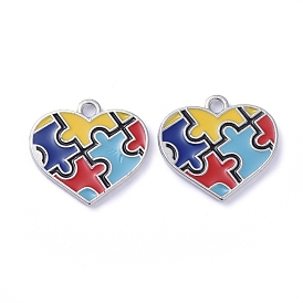 Alloy Enamel Pendants, Heart with Puzzle Autism Symbol