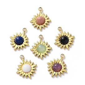 Natural Mixed Stone Charms, Ion Plating(IP) 304 Stainless Steel Sun Charms, Mixed Dyed & Undyed