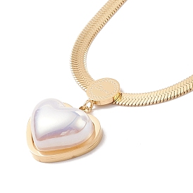 Acrylic Pearl Heart Pendant Necklace with Herringbone Chains, Ion Plating(IP) 304 Stainless Steel Jewelry for Women
