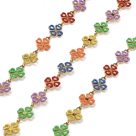 Colorful Flower Enamel Link Chains, with 304 Stainless Steel Findings, Soldered, with Spool