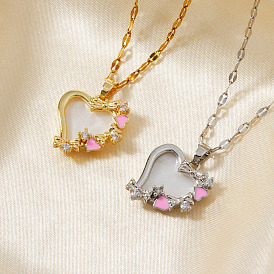 Ожерелья из латуни с прозрачным кубическим цирконием в форме сердца, с розовым эмали