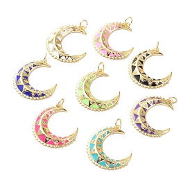 Brass Micro Pave Cubic Zirconia Pendant, with Enamel, Long-Lasting Plated, Real 18K Gold Plated, Moon