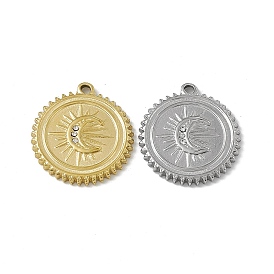 Vacuum Plating 201 Stainless Steel Pendants, with Rhinestone, Flat Round with Moon Charm