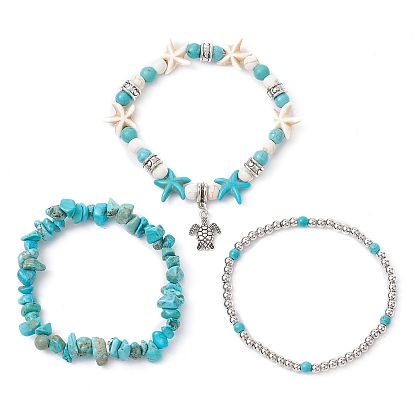 3Pcs 3 Style Synthetic Turquoise Chips & Starfish Beaded Stretch Bracelets Set, Stackable Bracelet with Alloy Turtle Charms