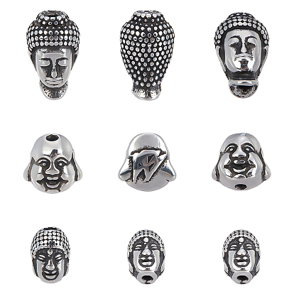 12 pièces 3 style 304 perles en acier inoxydable, Bouddha