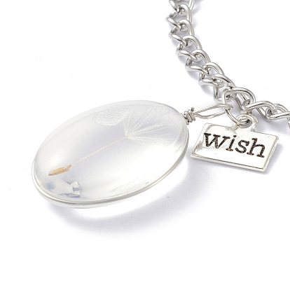 Dandelion Seed Wish Necklace for Teen Girl Women Gift, Transparent Oval Glass Pendant Necklace, with Iron Chain