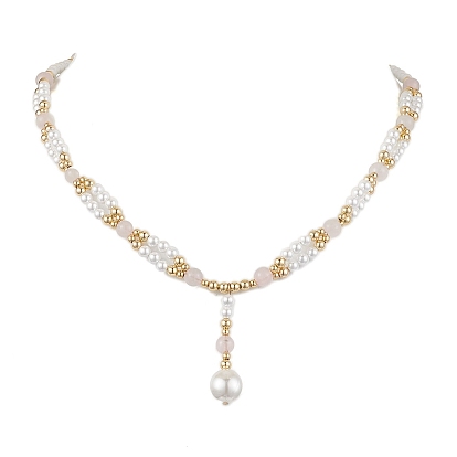 Ожерелья с подвесками из ракушечного жемчуга и натурального розового кварца, с латунной бисера