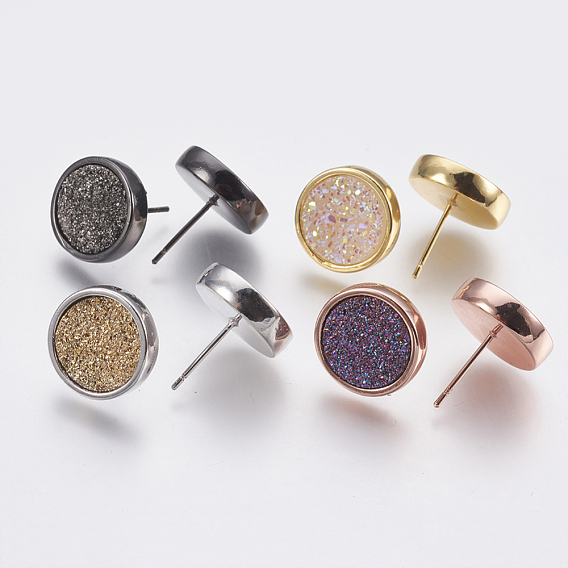 Brass Stud Earrings, with Druzy Resin Cabochon, Flat Round