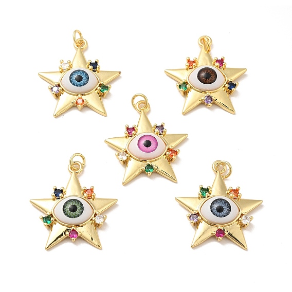 Brass Micro Pave Colorful Cubic Zirconia Pendants, with Resin, Real 18K Gold Plated, Star with Evil Eye