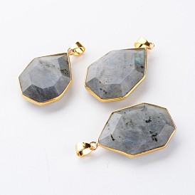 Faceted Polygon Natural Labradorite Pendants, with Golden Tone Brass Findings, 32~36x20~22x7~8mm, Hole: 5x4mm